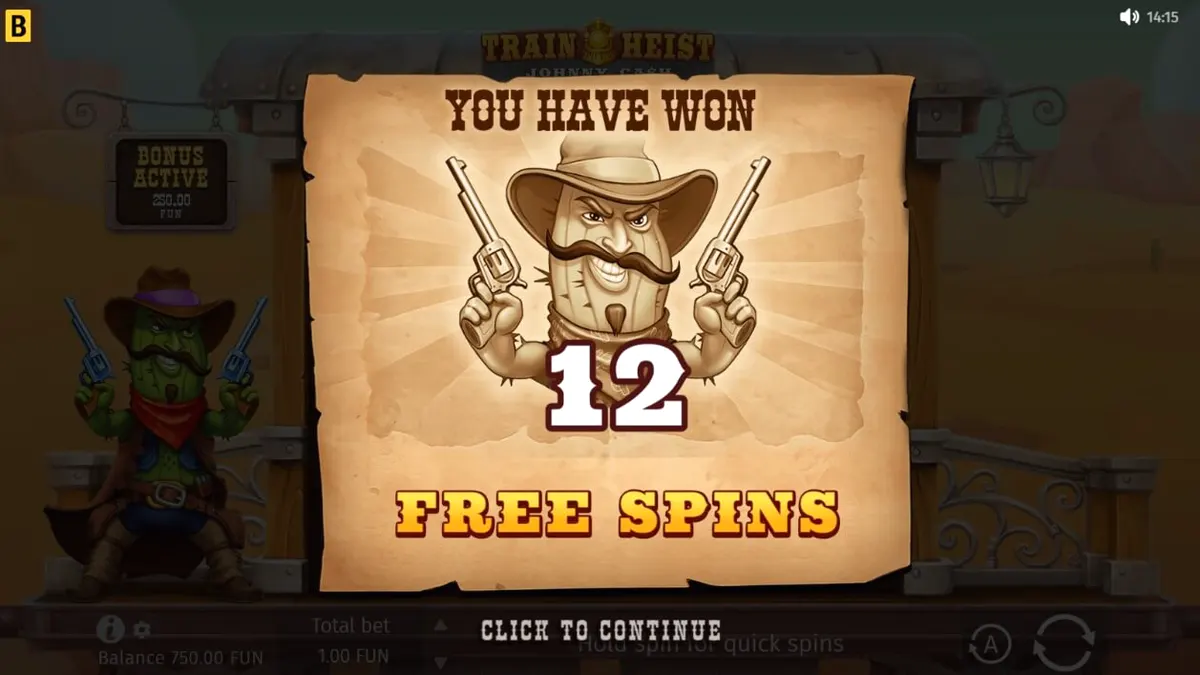 Train Heist Johnny Cash slot game interface showing wild west theme and cascading reels